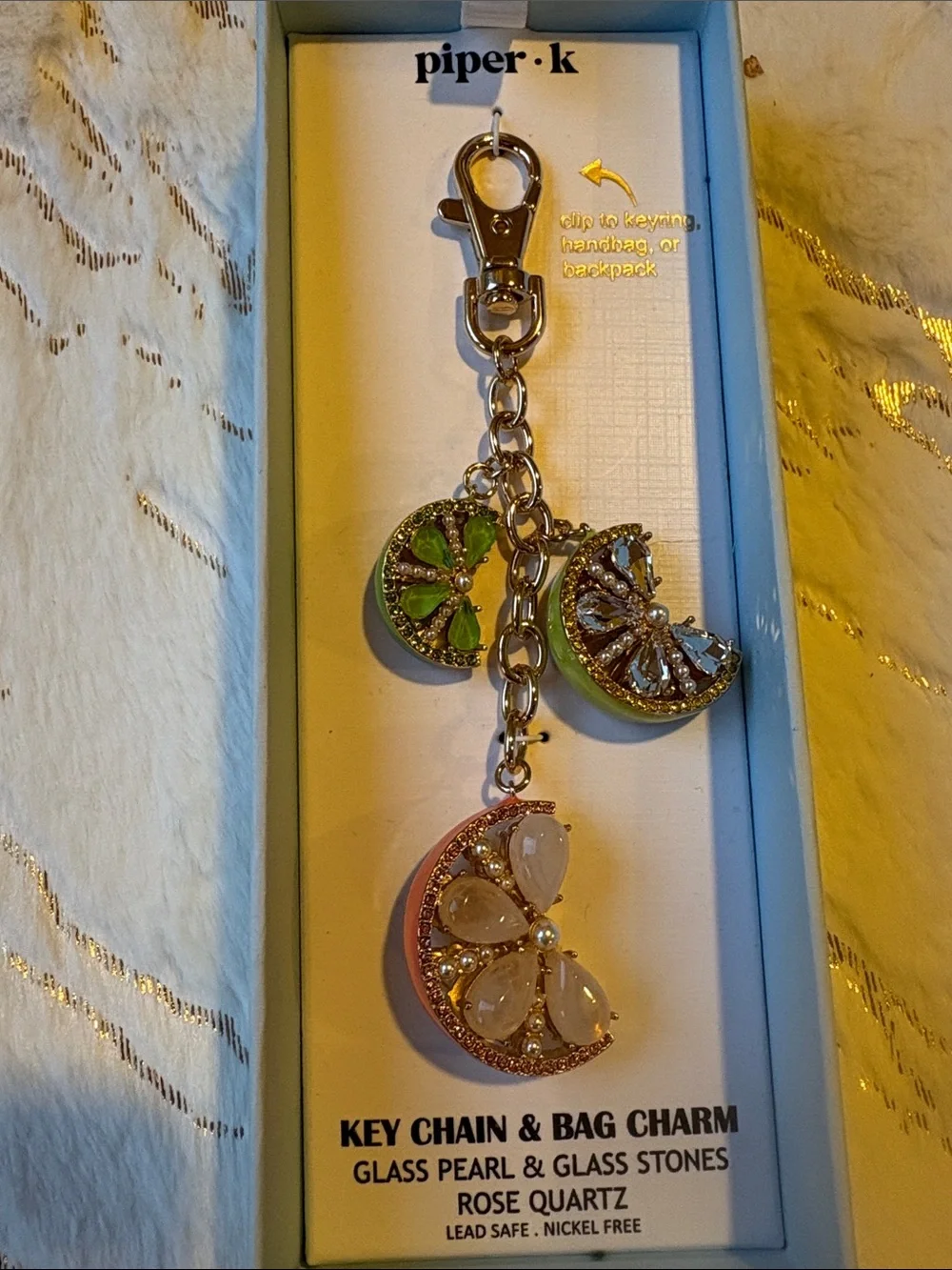 BNWT PIPER K Pink and Green Glass Stone Lemon Limes Key Chain Bag Charm